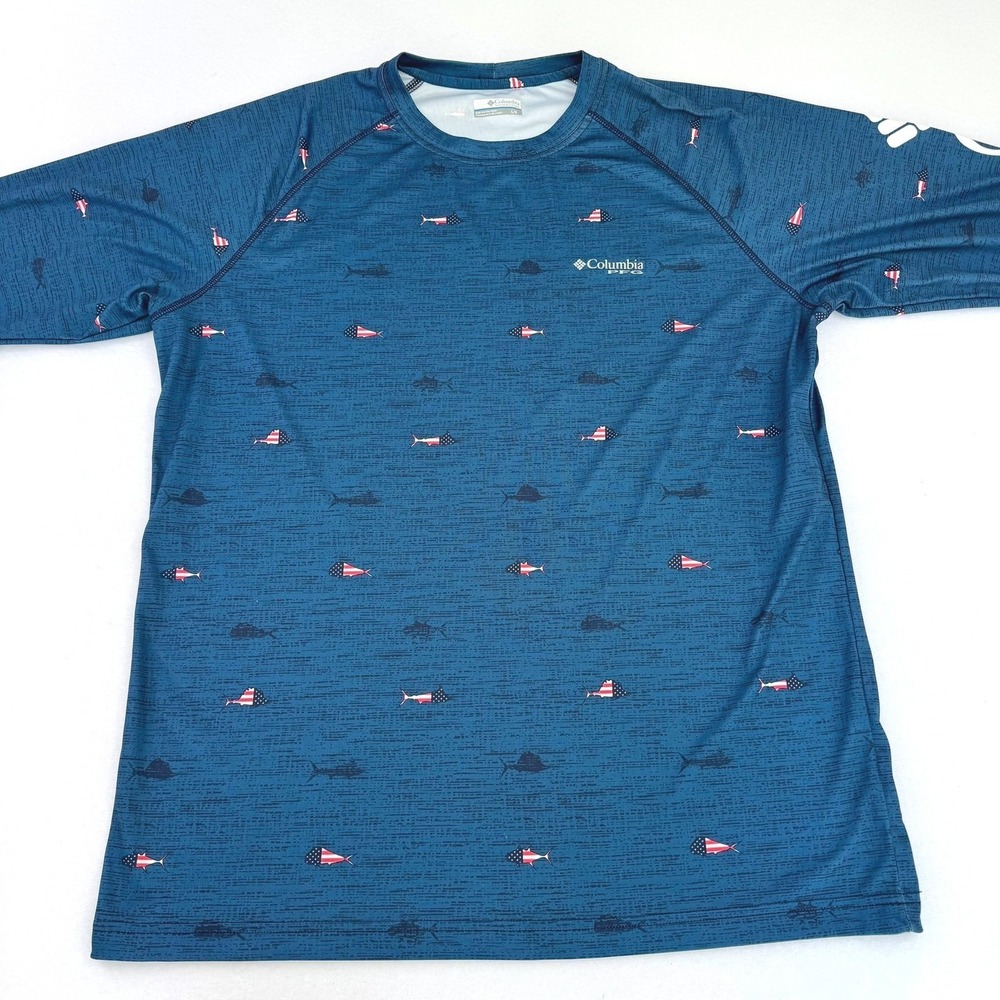 Columbia PFG Mens Large Blue American Flag Fish Print Long Sleeve Fishing Shirt